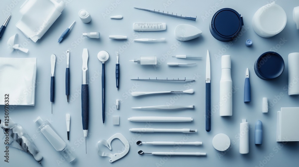 Minimalist flat-lay of medical tools with geometric precision, monochrome white and navy for a stock-perfect clean design Minimalist flat-lay of medical tools with geometric precision, monochrome white and navy for a stock-perfect clean design