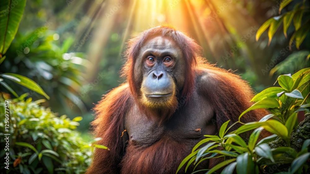 Majestic Orangutan in Lush Green Jungle Surrounded by Sunlight Majestic Orangutan in Lush Green Jungle Surrounded by Sunlight