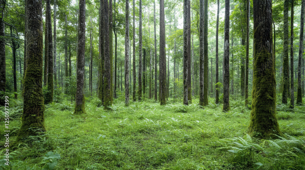 Lush rainforest scene with towering trees and vibrant green foliage Lush rainforest scene with towering trees and vibrant green foliage