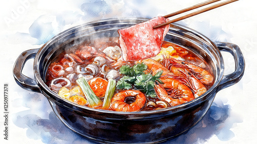Wallpaper Mural Steaming_hot_pot_illustration:_meat,_seafood_and_vegetables_in_broth_with_chopsticks,_in_a_low_angle_view. Torontodigital.ca