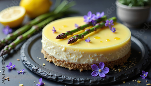Delicious Lemon Cheesecake Decorated with Flowers and Asparagus on a Plate
