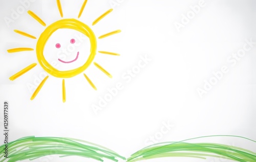 Simple crayon drawing of Happy Sun Over the Hills