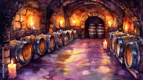 A_watercolor_painting_of_a_wine_cellar,_barrels_lining_stone_walls,_illuminated_by_candlelight,_casting_warm_light_on_the_damp_floor.