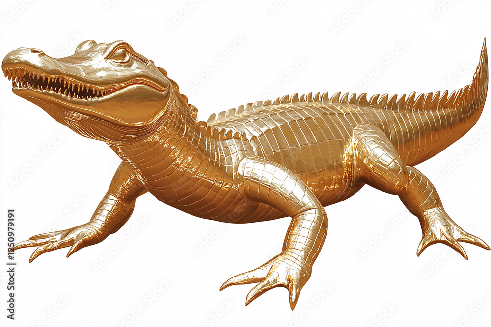 Obraz premium A gleaming, golden alligator statue with intricate detailing stands out against a stark white background.