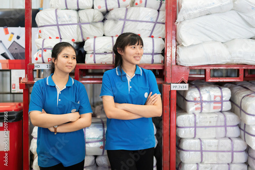 Asian female employees are involved in the production of innovative plastic products in industrial plants, ensuring their quality, durability, and eco-friendliness before being prepared for export.