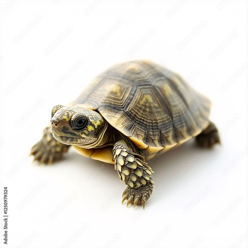 A small, patterned tortoise with mottled skin, sits on a plain white surface, presenting its textured legs. A small, patterned tortoise with mottled skin, sits on a plain white surface, presenting its textured legs.