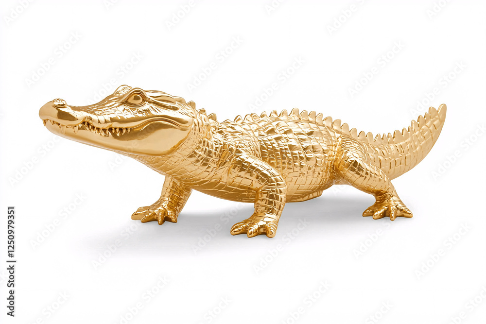 Obraz premium Golden alligator figurine with textured skin, standing on a white surface under bright light.