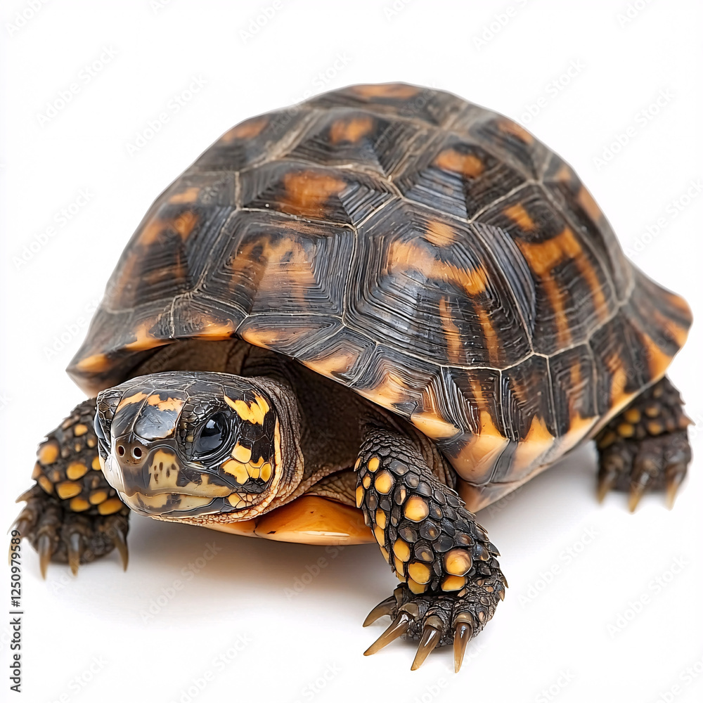 Fototapeta premium Focused portrait of a Wood Turtle, showcasing its detailed shell pattern and spotted legs against a white background.