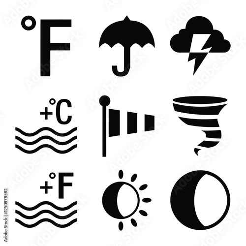 Dynamic Weather Elements Featuring Fahrenheit Celsius Umbrella Lightning Cloud Temperature Waves Wind Flag Tornado Sun Moon Phases