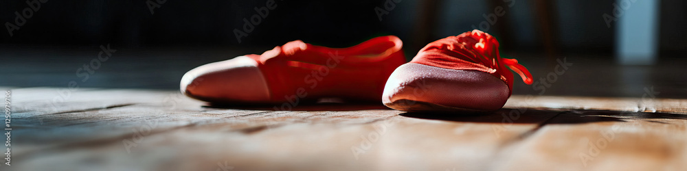 Red Dance Shoes on Wooden Floor Red Dance Shoes on Wooden Floor