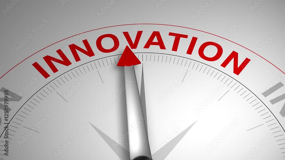 Innovation text or word with a gauge arrow on a compass, representing guidance and direction on a clean white background. Ideal for business, coaching, consulting, and self-improvement concept Innovation text or word with a gauge arrow on a compass, representing guidance and direction on a clean white background. Ideal for business, coaching, consulting, and self-improvement concept