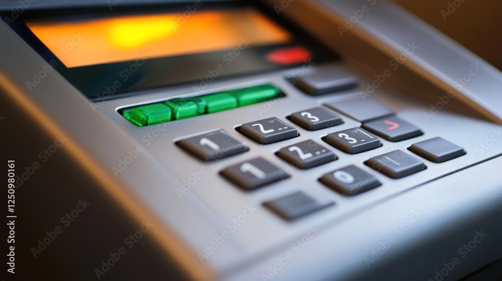 Close-up of an ATM keypad with illuminated buttons and display. Close-up of an ATM keypad with illuminated buttons and display.