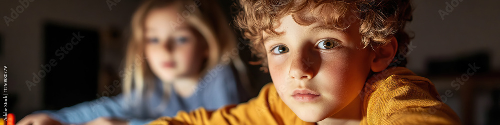 Portrait of Young Boy and Blurred Girl in Low Light Portrait of Young Boy and Blurred Girl in Low Light