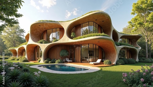 Bionic architectural design featuring a flowing structure with organic shapes and integrated nature for a harmonious living experience