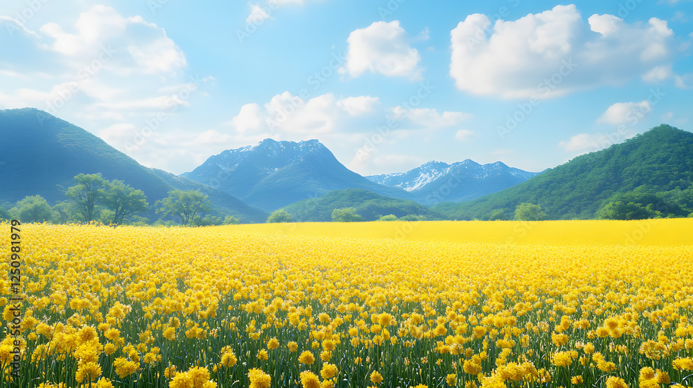 Serene Spring Landscape Yellow Flower Field with Mountain Range Serene Spring Landscape Yellow Flower Field with Mountain Range