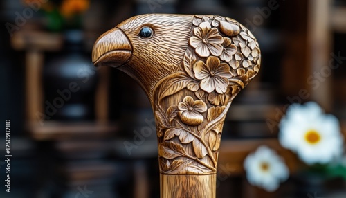 Discover exquisite craftsmanship with our unique wooden walking cane featuring hand-carved animal motifs This custom woodworking masterpiece showcases an eagle head design, intricately carved for a photo