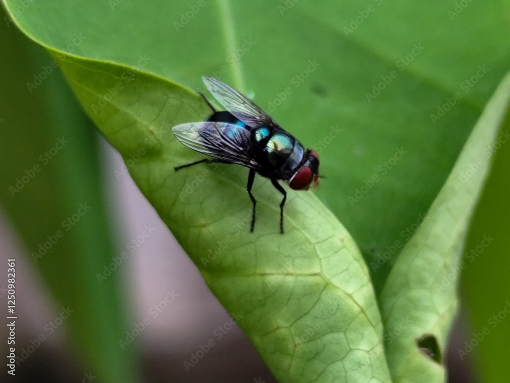 Flying insects with red eyes and thin wings perched on green leaves. This type is often seen flying in kitchens, cages and trash cans. Flying insects with red eyes and thin wings perched on green leaves. This type is often seen flying in kitchens, cages and trash cans.