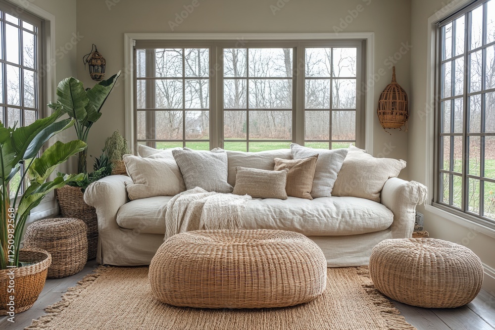 Bright natural light in a cozy modern living room with woven