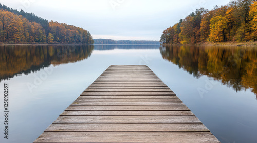 Fototapeta Naklejka Na Ścianę i Meble -  peaceful lakeside scene with wooden dock leading into calm waters