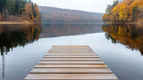 Fototapeta Naklejka Na Ścianę i Meble -  serene lakeside view with wooden dock surrounded by autumn trees