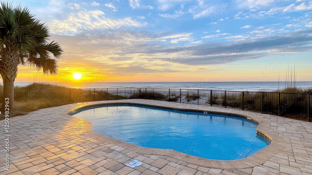Fototapeta premium serene sunrise over ocean, reflecting in tranquil pool