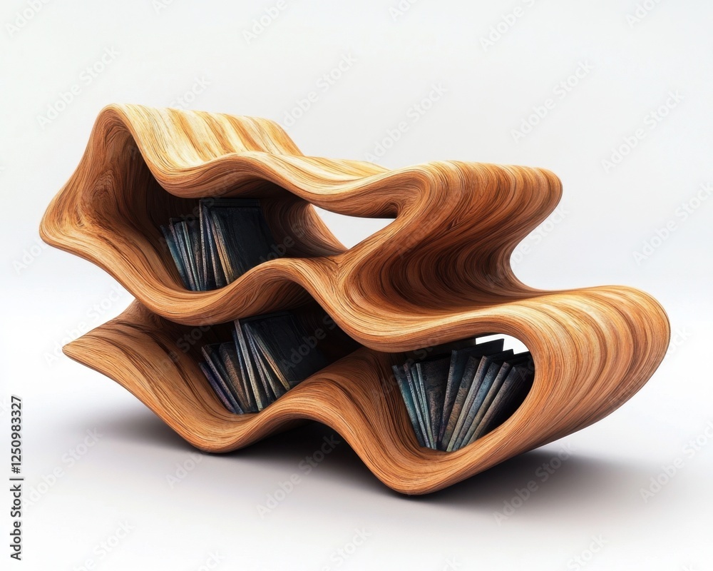 Obraz premium Discover innovative design with this sculptural wooden bookshelf, a testament to creative woodworking This unique piece features a twisting organic design, blending functionality with artistry