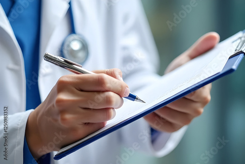 Hands, prescription and writing with doctor in hospital, closeup for checklist or medical aid. Clipboard, diagnosis and document with healthcare professional person in clinic for planning or research