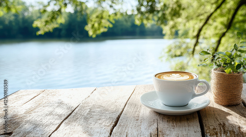 serene coffee moment by lake, surrounded by nature beauty