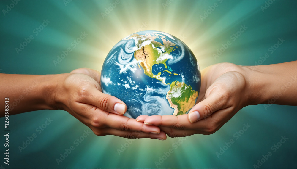 Unity and peace through hands cradling glowing Earth, global harmony Unity and peace through hands cradling glowing Earth, global harmony