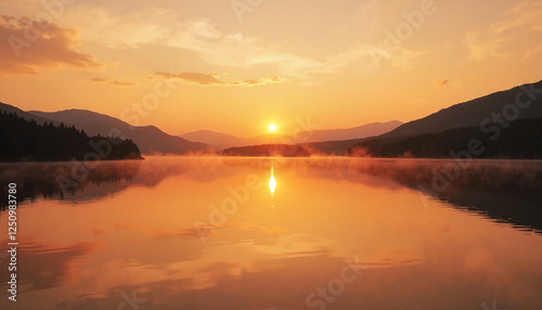 Breathtaking sunset over calm lake with reflections, tranquil nature