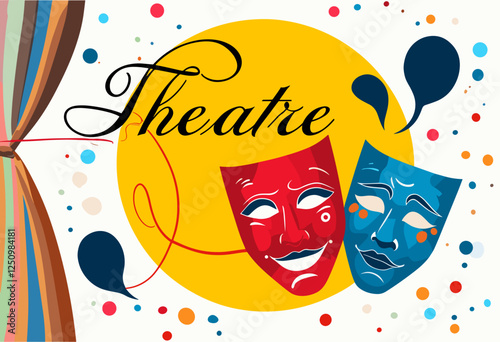 Theatre masks on a vibrant background with artistic lettering, theatrical concept, copy space
