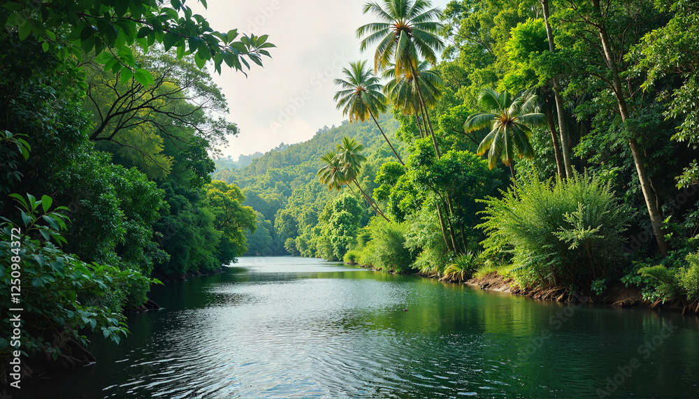 Tranquil jungle river winding through lush greenery, nature's serenity