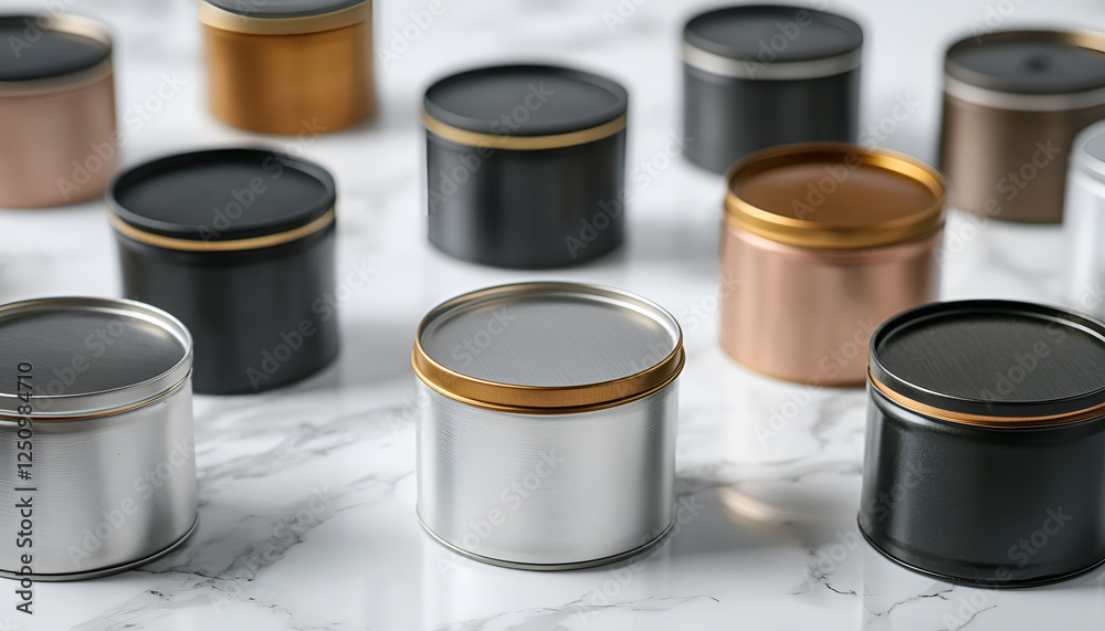 Many closed tin cans on white marble table, closeup. Space for text Many closed tin cans on white marble table, closeup. Space for text