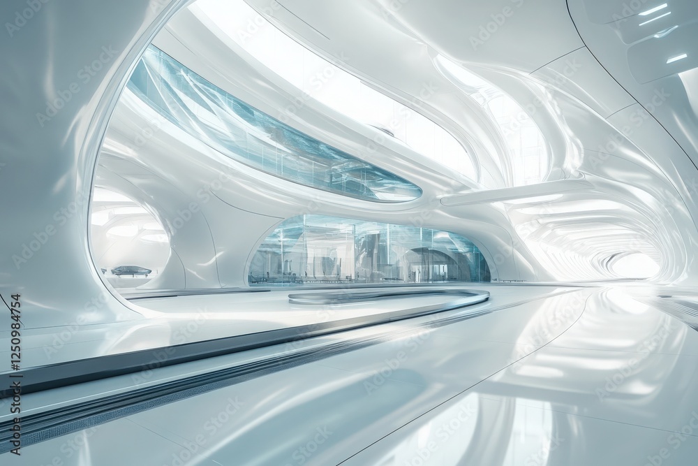 Fototapeta premium A futuristic airport with sleek architecture and a palette of white, silver, and blue.