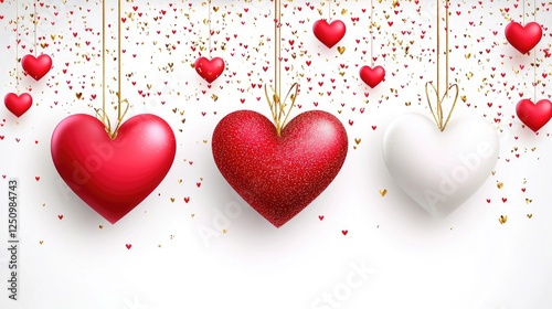 Colorful Hanging Hearts with Glitter on White Background