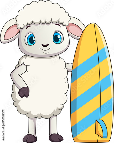 PrintCute sheep cartoon  holding a surfboard on white background. Perfect for summerthemed designs, surf culture illustrations, and fun animalrelated projects.