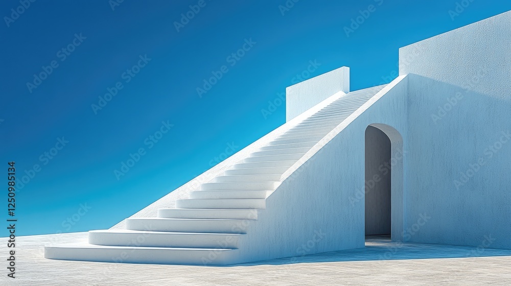 Obraz premium A perspective view of a long, white staircase leading up to an open door,
