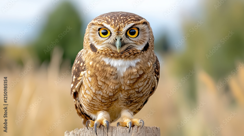 Majestic owl perched on wooden post, showcasing its striking features Majestic owl perched on wooden post, showcasing its striking features