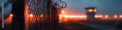 Chain-Link Fence, Watchtower, and Lights at Dusk