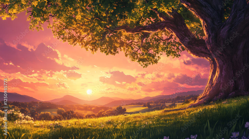 Fototapeta premium Majestic Oak Tree at Sunset Over Rolling Hills