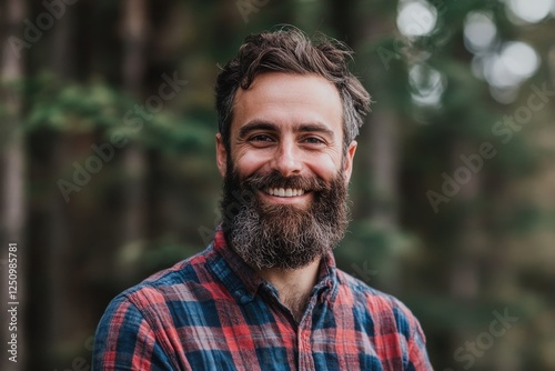 A happy man with a bushy beard is smiling at the camera and a plaid shirt

