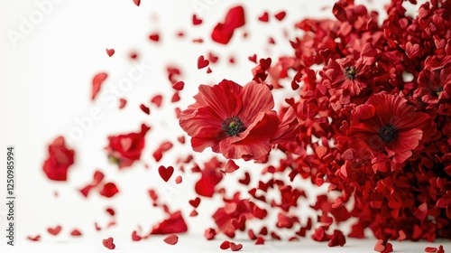Captivating Red Flower Petals and Hearts in Motion Background