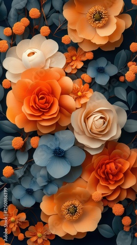 Floral Arrangement in Orange and Blue.