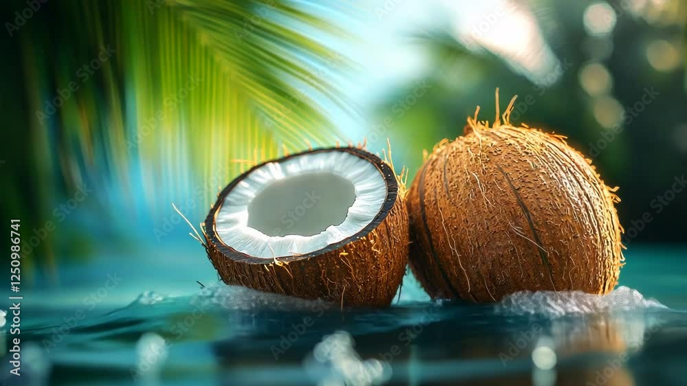 Brown cracked coconut halves falling into splashing clear ocean water, palm tree leaves background. product showcase. White fresh ripe coconut pulp, milk. Tropical organic harvest.