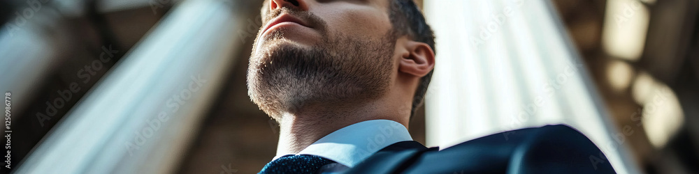 Fototapeta premium Close-up of Man's Neck and Jawline in Suit, Architectural Background
