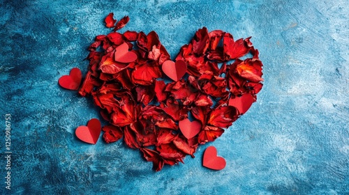 Red Rose Petals and Heart Shapes on Blue Background Art Composition