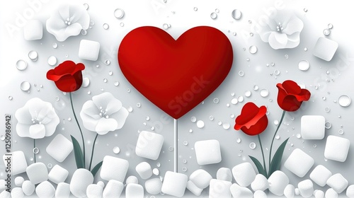 Heart Shape with Red Roses and Cubes in White Background Design