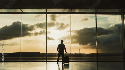 Silhouette of a man with a suitcase standing in an airport window, looking at the cloudy sunset/dusk time-lapse sky. A person with luggage stands in front of large windows at the airport waiting area.