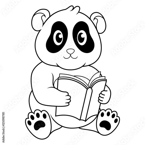 Cartoon panda reading a book line art