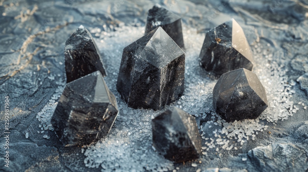 Hematite healing crystals on a textured surface with granules of sea salt. Energy cleansing of natural gemstones Hematite healing crystals on a textured surface with granules of sea salt. Energy cleansing of natural gemstones